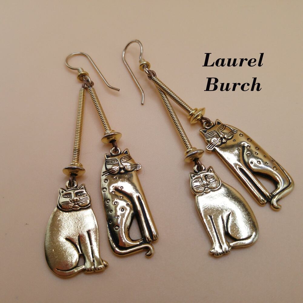 Laurel Burch Two Cats Dangle Earrings, Mystic Cat, Siamese Cat, 1980s Vintage